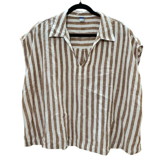 Old Navy Women’s Striped Linen Blend Collared V-Neck Top Blouse XL Brown White - Picture 1 of 6